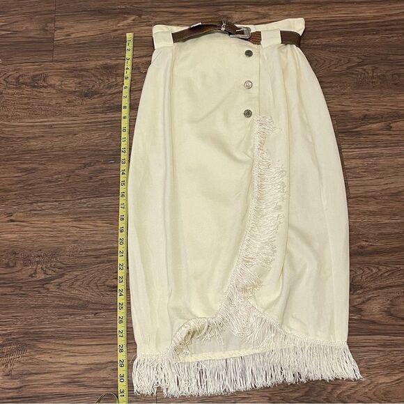 Vintage Francine Browner Midi Fringe Button Belted Wrap Skirt Cream Lt Yellow 7 - Picture 13 of 14